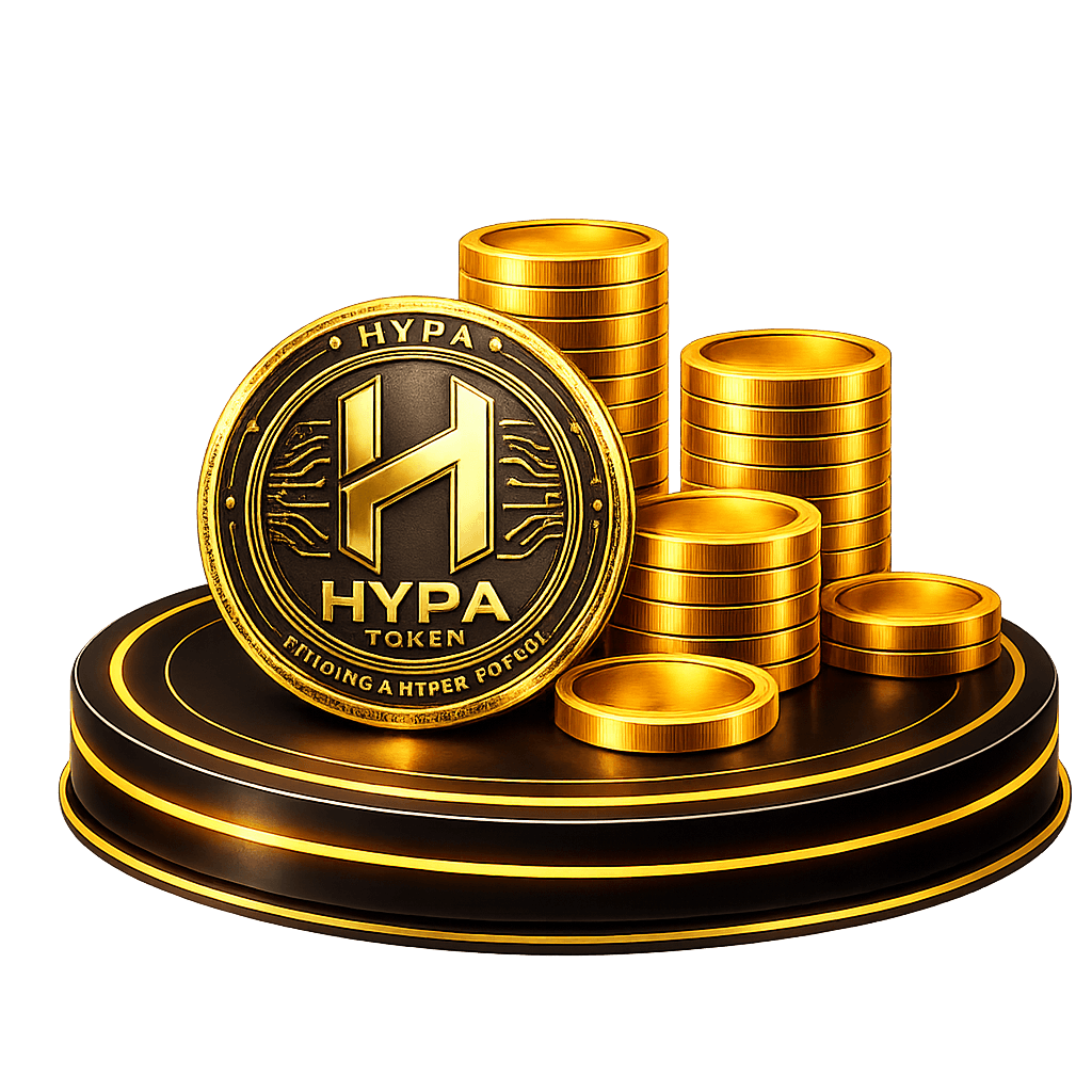 HYPA Token gold coin stacks on a glowing blockchain platform